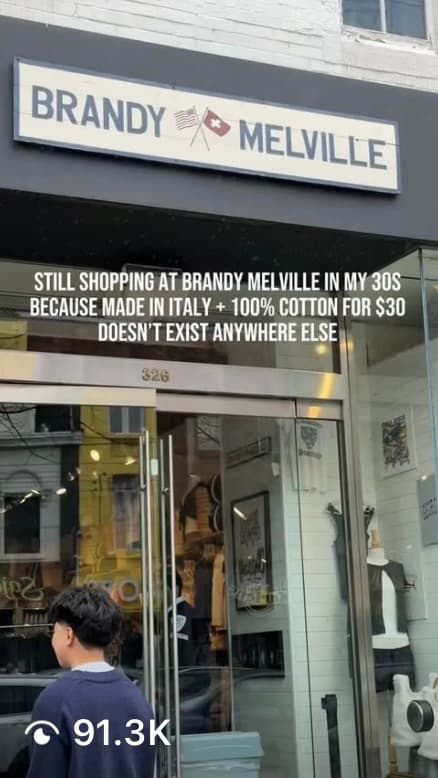 Video thumbnail: a Brandy Melville storefront with a caption about still shopping there in your 30s, 91.3K views