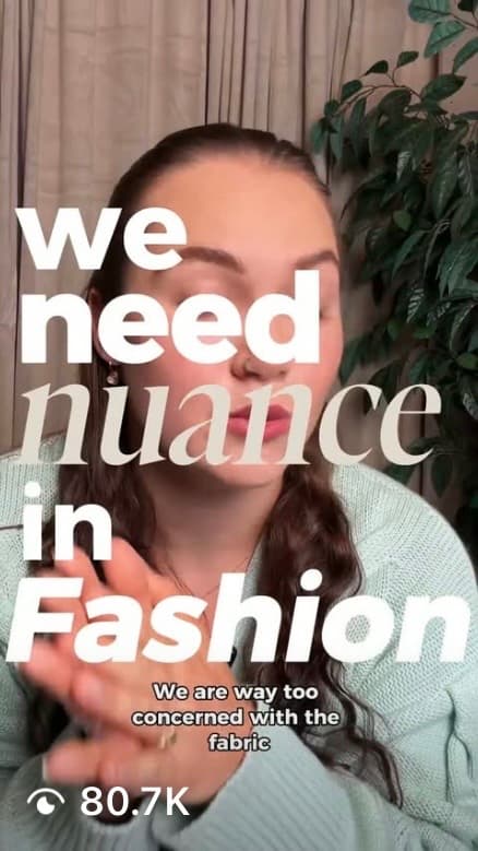 Video thumbnail: a woman in a mint cardigan mid-gesture under the title “We need nuance in fashion”, 80.7K views