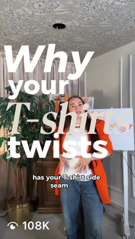 Video thumbnail: “Why your T-shirt twists” over a woman in an orange jacket, 108K views